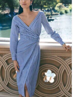 Ann Taylor Blue and White Striped Long Sleeve Dress SZ 4P